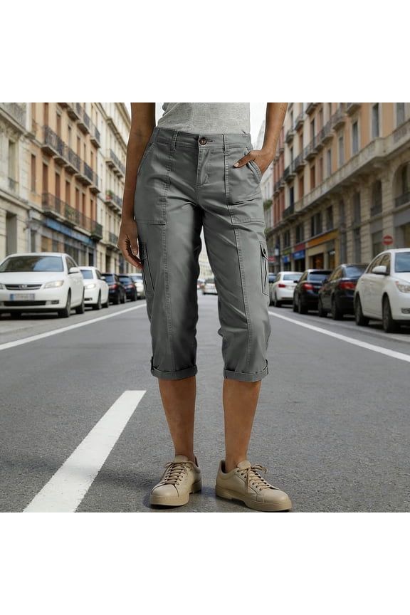 Womens Solid Multi Flap Cargo Pocket Roll Cuff Hem Capri Cropped Pants Side Utility Patch Pockets Button Zip Fly Regular Waist Loose Fit Mid Calf Outdoor Casual Trouser Bottoms
