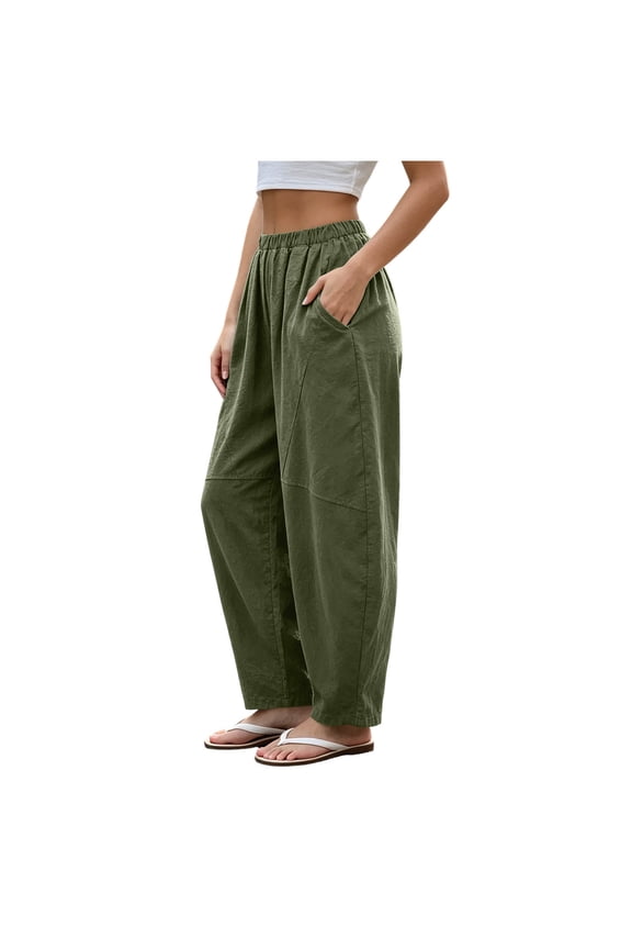 Womens Solid Panel Seam Split Detail Harem Wide Leg Pants Hidden Side Inset Pockets Full Elastic Gathered High Waist Lightweight Textured Woven Fabric Loose Full Length Casual Trousers