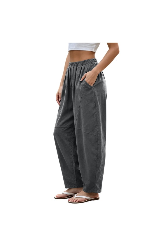 Womens Solid Panel Seam Split Detail Harem Wide Leg Pants Hidden Side Inset Pockets Full Elastic Gathered High Waist Lightweight Textured Woven Fabric Loose Full Length Casual Trousers