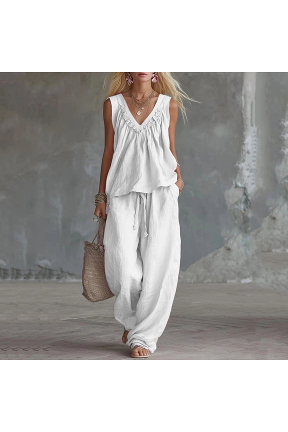 Womens Solid Ruffle Trim V Neck Sleeveless Top And Drawstring Wide Leg Pants Two Piece Outfit Side Hand Pockets Elastic Waist Loose Fit Breathable Casual Linen Co Ord Set