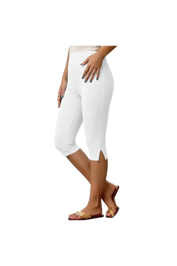 Womens Solid Side Slit High Waist Capri Leggings Hidden Inset Pockets Slim Fit Stretch Knit Mid Calf Casual Workout Cropped Athletic Bottoms