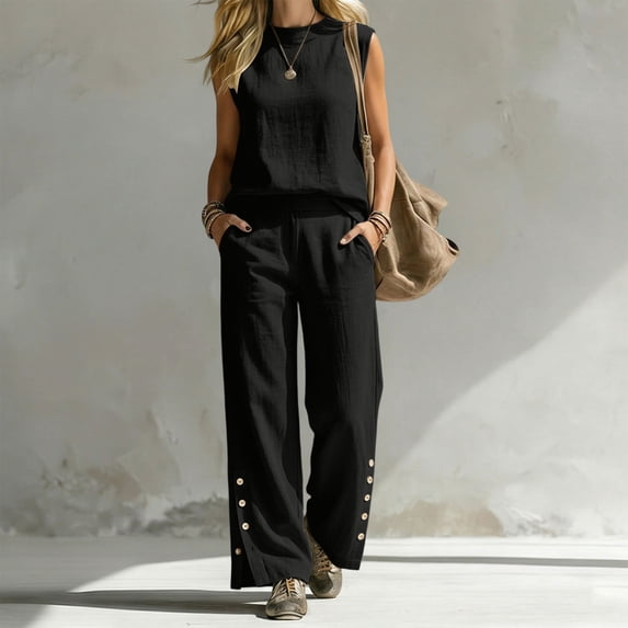 Costeam Womens Solid Sleeveless Round Neck Two Piece Matching Set Side Slip Pockets Metal Button Split Hem Wide Leg Full Length Lightweight Crinkled Casual Outfit