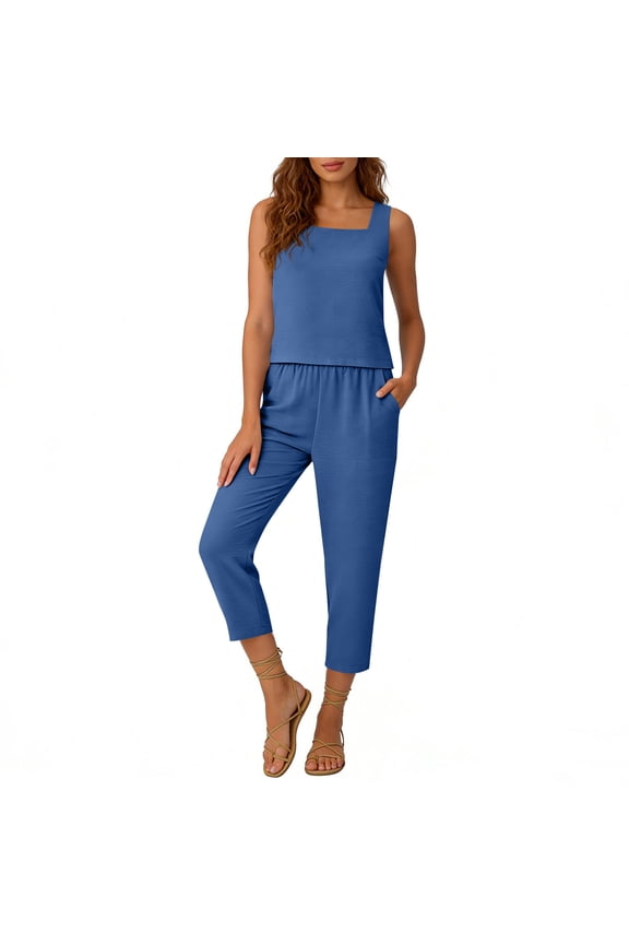 Womens Solid Square Neck Sleeveless Two Piece Set Casual Basic Style Tank Top and Seven Inch Cropped Pants Side Pockets Elastic Waist Relaxed Fit Soft Stretch Fabric Daily Leisure Outfit