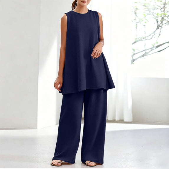Costeam Womens Solid Two Piece Co Ord Set Flutter Short Sleeve Tunic Top Wide Leg Long Pants Dual Side Pockets Soft Knit Loose Fit Casual Loungewear Outfit