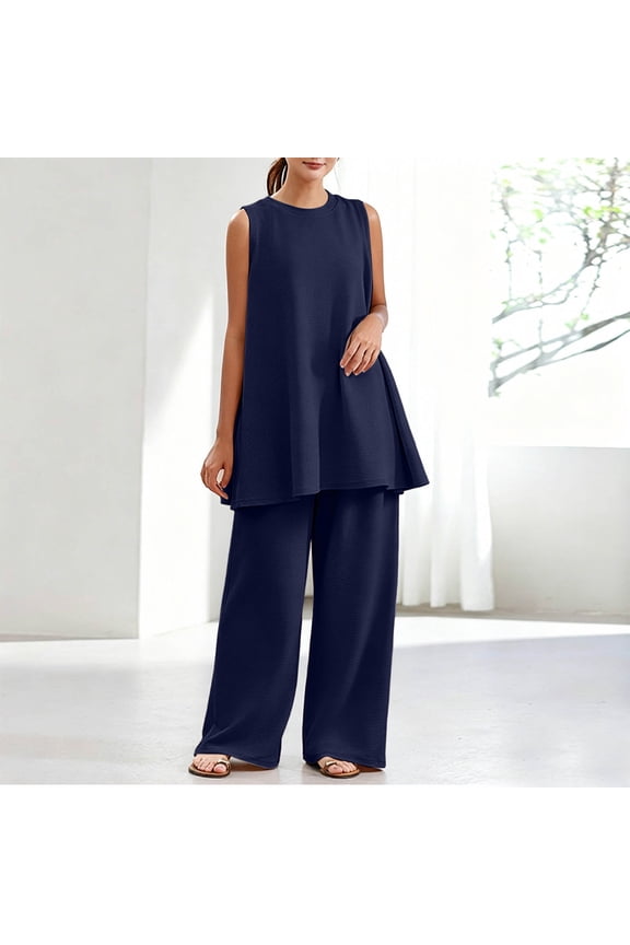 Womens Solid Two Piece Co Ord Set Flutter Short Sleeve Tunic Top Wide Leg Long Pants Dual Side Pockets Soft Knit Loose Fit Casual Loungewear Outfit