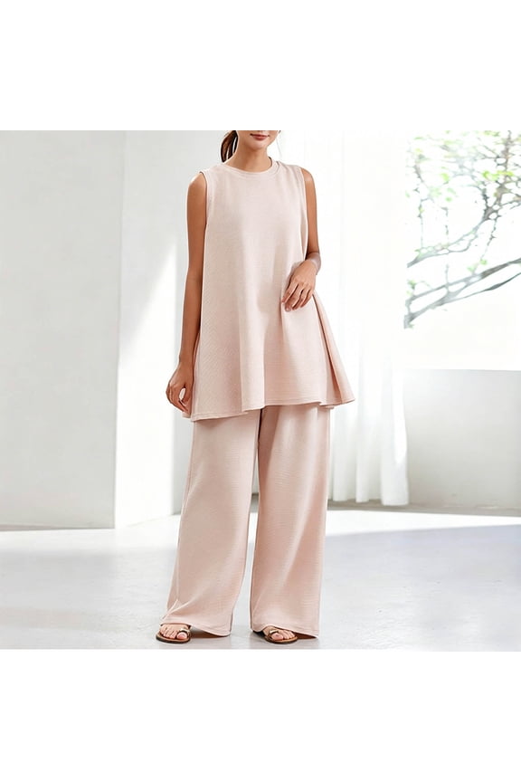 Womens Solid Two Piece Co Ord Set Flutter Short Sleeve Tunic Top Wide Leg Long Pants Dual Side Pockets Soft Knit Loose Fit Casual Loungewear Outfit