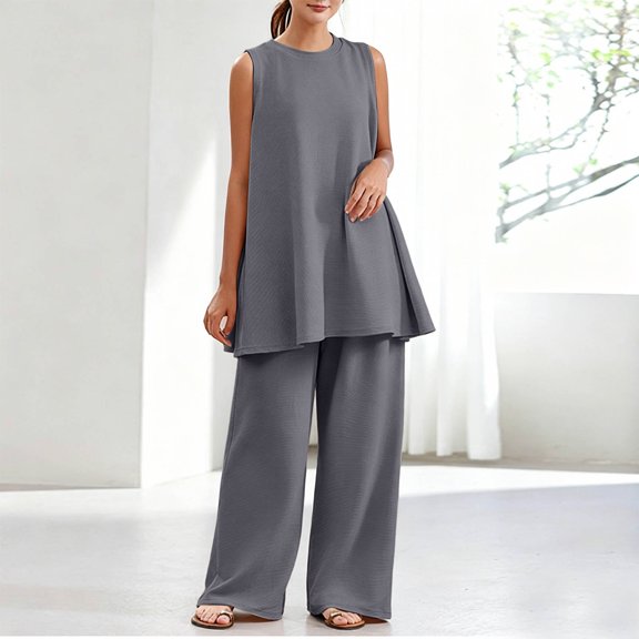 Costeam Womens Solid Two Piece Co Ord Set Flutter Short Sleeve Tunic Top Wide Leg Long Pants Dual Side Pockets Soft Knit Loose Fit Casual Loungewear Outfit