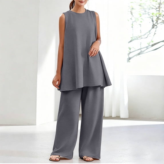 Costeam Womens Solid Two Piece Co Ord Set Flutter Short Sleeve Tunic Top Wide Leg Long Pants Dual Side Pockets Soft Knit Loose Fit Casual Loungewear Outfit