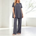 thumbnail image 1 of Costeam Womens Solid Two Piece Co Ord Set Flutter Short Sleeve Tunic Top Wide Leg Long Pants Dual Side Pockets Soft Knit Loose Fit Casual Loungewear Outfit, 1 of 5