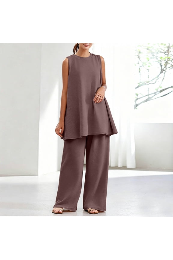 Womens Solid Two Piece Co Ord Set Flutter Short Sleeve Tunic Top Wide Leg Long Pants Dual Side Pockets Soft Knit Loose Fit Casual Loungewear Outfit