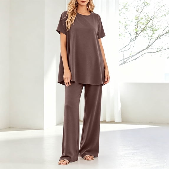 Costeam Womens Solid Two Piece Co Ord Set Flutter Short Sleeve Tunic Top Wide Leg Long Pants Dual Side Pockets Soft Knit Loose Fit Casual Loungewear Outfit