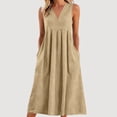 thumbnail image 1 of Costeam Womens Solid Washed Crinkle Linen Blend Sleeveless Midi Dress Crew Neck Side Pockets Loose Flowy Lightweight Breathable Casual Tank Dresses, 1 of 5
