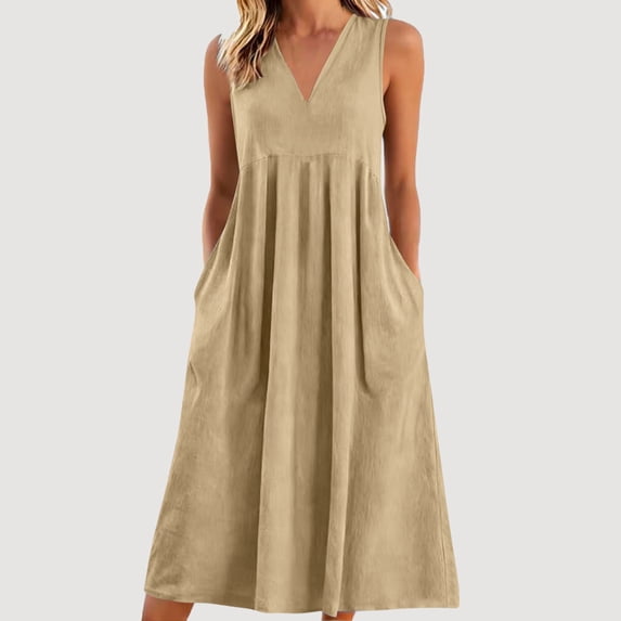 Costeam Womens Solid Washed Crinkle Linen Blend Sleeveless Midi Dress Crew Neck Side Pockets Loose Flowy Lightweight Breathable Casual Tank Dresses