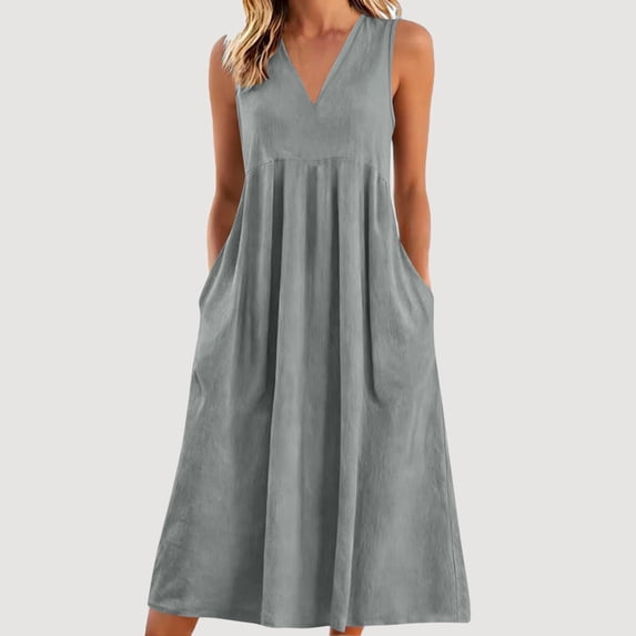 Costeam Womens Solid Washed Crinkle Linen Blend Sleeveless Midi Dress Crew Neck Side Pockets Loose Flowy Lightweight Breathable Casual Tank Dresses