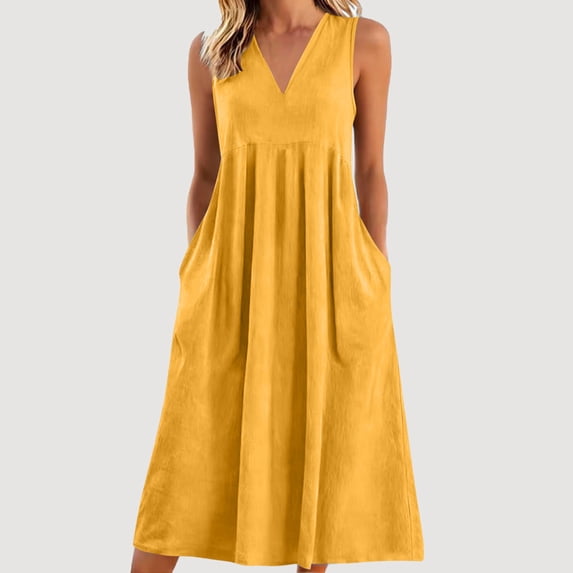 Costeam Womens Solid Washed Crinkle Linen Blend Sleeveless Midi Dress Crew Neck Side Pockets Loose Flowy Lightweight Breathable Casual Tank Dresses