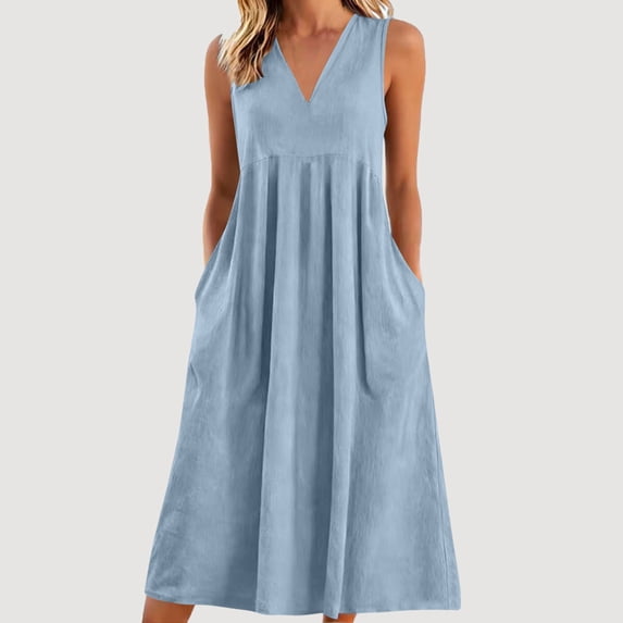 Costeam Womens Solid Washed Crinkle Linen Blend Sleeveless Midi Dress Crew Neck Side Pockets Loose Flowy Lightweight Breathable Casual Tank Dresses