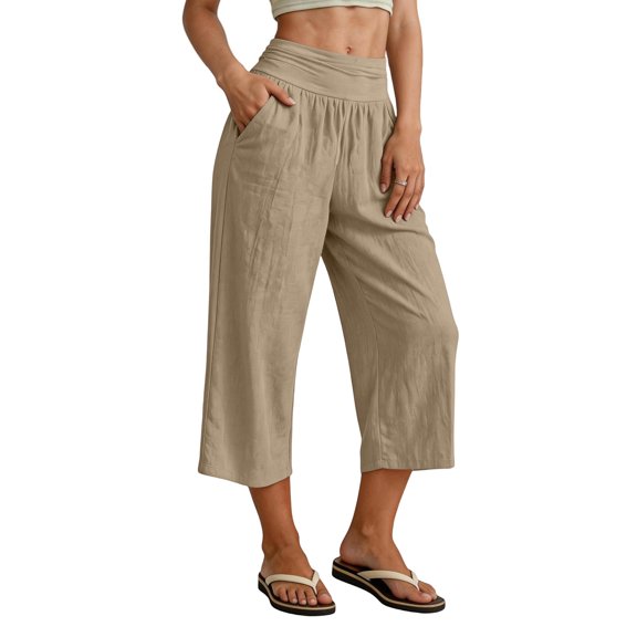 Costeam Womens Solid Wide Fold Over Elastic High Waist Textured Linen Cropped Capri Pants Deep Side Inset Hand Pockets Loose Fit Mid Calf Breathable Lounge Casual Trouser Bottoms
