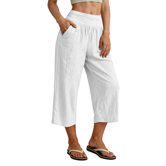 Costeam Womens Solid Wide Fold Over Elastic High Waist Textured Linen Cropped Capri Pants Deep Side Inset Hand Pockets Loose Fit Mid Calf Breathable Lounge Casual Trouser Bottoms