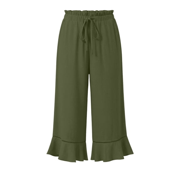 Costeam Womens Solid Wide Leg Capri Pants Dual Side Inset Hand Pockets Adjustable Drawstring Elastic High Waist Ruffle Lace Trim Cropped Summer Casual Trousers