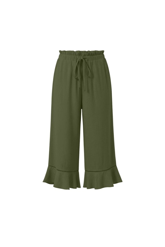 Womens Solid Wide Leg Capri Pants Dual Side Inset Hand Pockets Adjustable Drawstring Elastic High Waist Ruffle Lace Trim Cropped Summer Casual Trousers
