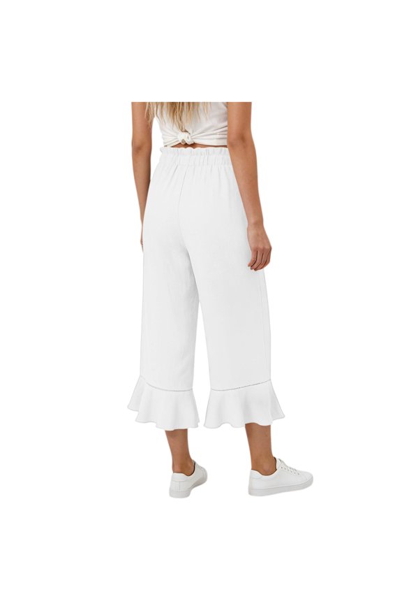 Womens Solid Wide Leg Capri Pants Dual Side Inset Hand Pockets Adjustable Drawstring Elastic High Waist Ruffle Lace Trim Cropped Summer Casual Trousers