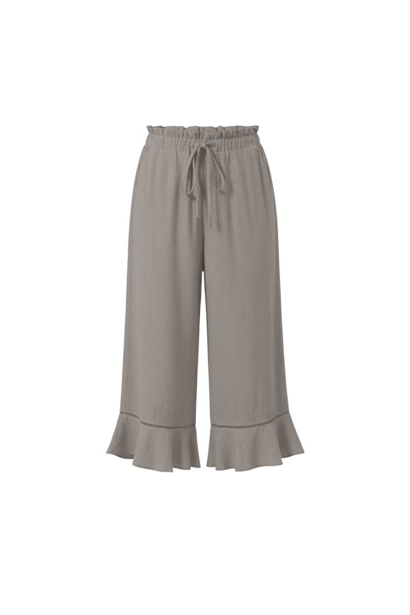 Womens Solid Wide Leg Capri Pants Dual Side Inset Hand Pockets Adjustable Drawstring Elastic High Waist Ruffle Lace Trim Cropped Summer Casual Trousers