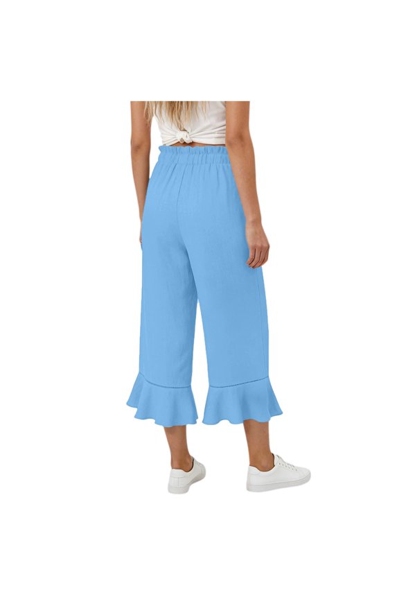 Womens Solid Wide Leg Capri Pants Dual Side Inset Hand Pockets Adjustable Drawstring Elastic High Waist Ruffle Lace Trim Cropped Summer Casual Trousers
