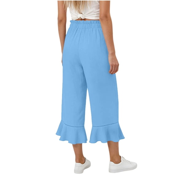 Costeam Womens Solid Wide Leg Capri Pants Dual Side Inset Hand Pockets Adjustable Drawstring Elastic High Waist Ruffle Lace Trim Cropped Summer Casual Trousers