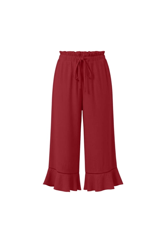 Womens Solid Wide Leg Capri Pants Dual Side Inset Hand Pockets Adjustable Drawstring Elastic High Waist Ruffle Lace Trim Cropped Summer Casual Trousers