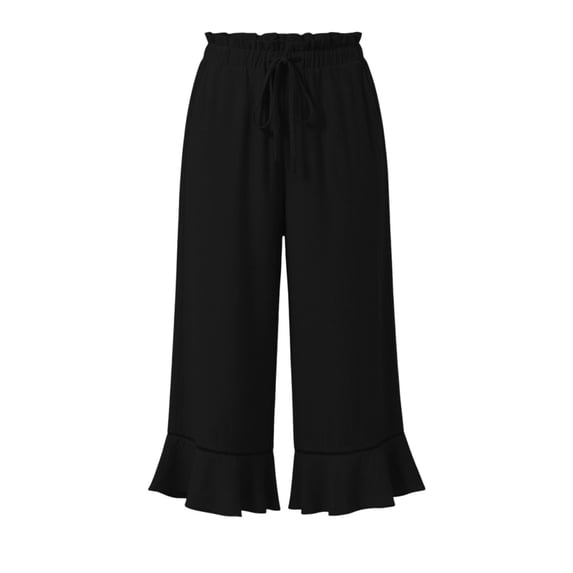 Costeam Womens Solid Wide Leg Capri Pants Dual Side Inset Hand Pockets Adjustable Drawstring Elastic High Waist Ruffle Lace Trim Cropped Summer Casual Trousers