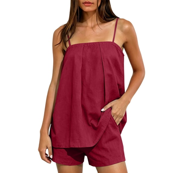 Costeam Womens Spaghetti Strap Linen Blend 2 Piece Outfit Set Loose Tank Top and Short Bottoms with Side Pockets Relaxed Fit Casual Matching Set