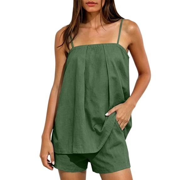 Costeam Womens Spaghetti Strap Linen Blend 2 Piece Outfit Set Loose Tank Top and Short Bottoms with Side Pockets Relaxed Fit Casual Matching Set