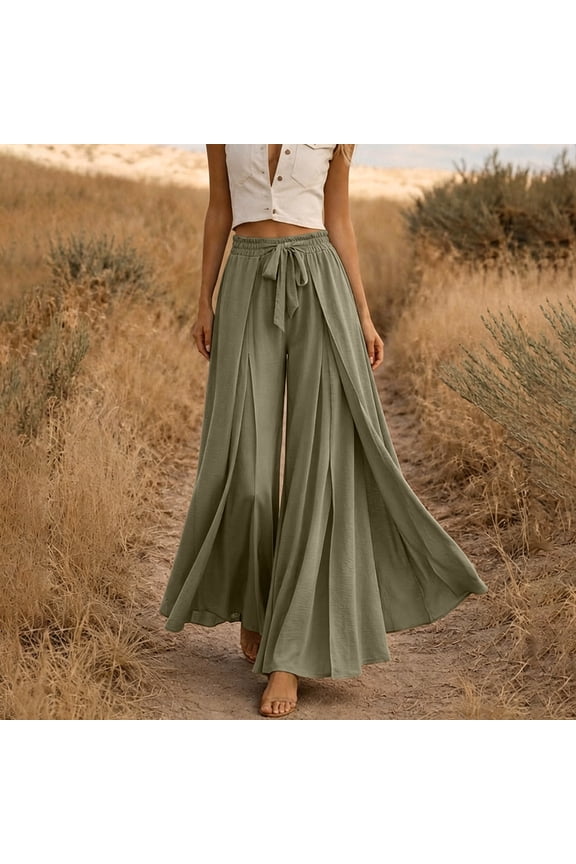 Womens Split Front Flowy Wide Leg Pants Drawstring Elastic High Waist Lightweight Crinkle Woven Solid Color Loose Casual Vacation Trousers