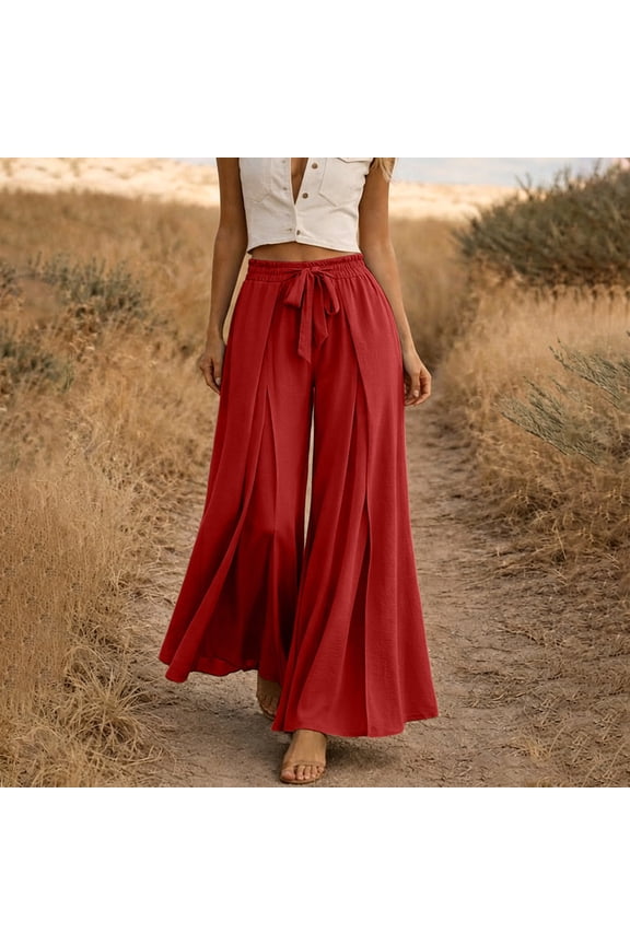 Womens Split Front Flowy Wide Leg Pants Drawstring Elastic High Waist Lightweight Crinkle Woven Solid Color Loose Casual Vacation Trousers