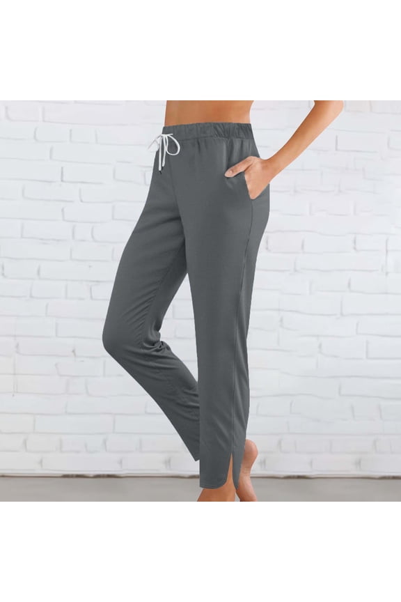 Womens Split Hem Ankle Pants Elastic Drawstring Waist with Side Slit Design and Side Pockets Soft Stretch Fabric Loose Fit Casual Straight Leg Pants Multi Color