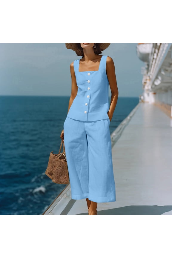 Womens Square Neck Sleeveless Button Down Top and Cropped Wide Leg Pants Two Piece Set Linen Blend Fabric with Side Pockets Casual Summer Coordinated Outfit