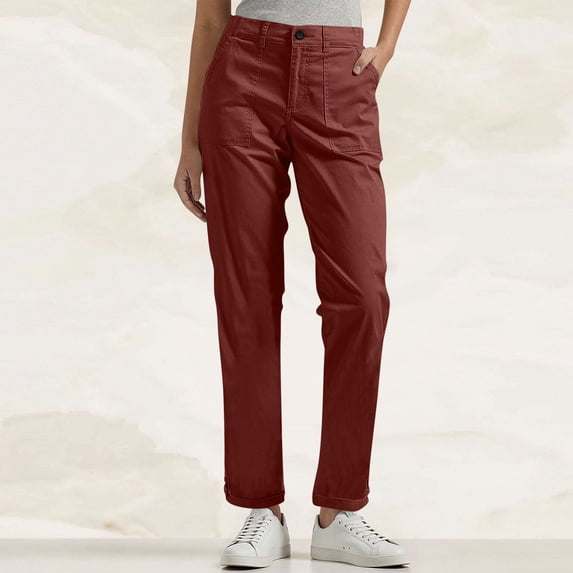 Costeam Womens Straight Leg Casual Pants Mid Rise Button Zipper Fly Rolled Cuff Hem with Patch Pockets Solid Color Relaxed Fit Everyday Trousers