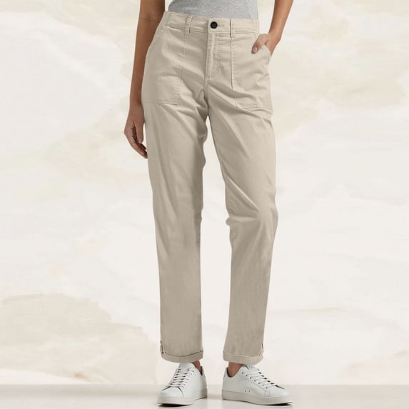 Costeam Womens Straight Leg Casual Pants Mid Rise Button Zipper Fly Rolled Cuff Hem with Patch Pockets Solid Color Relaxed Fit Everyday Trousers