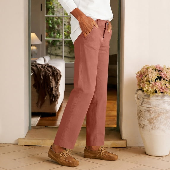 Costeam Womens Straight Leg Linen Blend Ankle Pants Side Slip Pockets Single Button Zipper Fly Mid Rise Tailored Lightweight Wrinkle Resistant Loose Cropped Casual Trousers