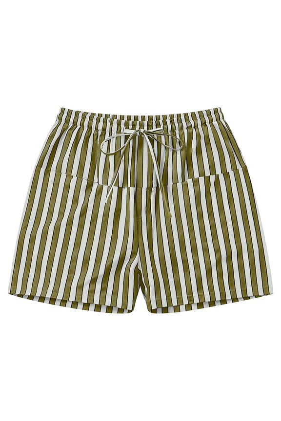 Womens Striped Drawstring Casual Shorts Dual Side Pockets Elastic Waist Adjustable Tie Loose Fit Summer Beach Daily Wear Short Bottoms