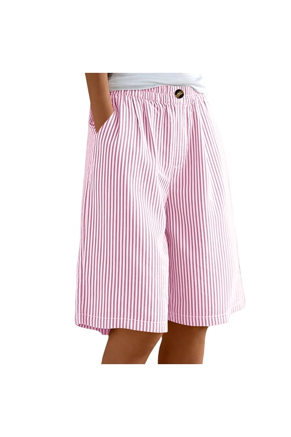 Womens Striped Elastic Loose Wide Leg Half Shorts Casual Fashion Daily Style Side Pockets Elastic Waist Straight Loose Fit Airy Lightweight Fabric Daily Leisure Short Pants