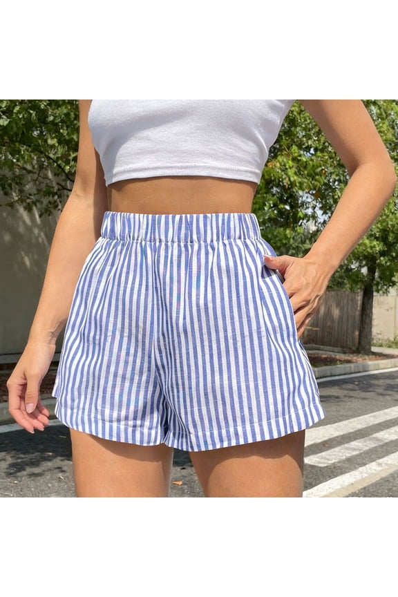 Womens Striped Elastic Waist Shorts Lightweight Breathable Fabric High Waist A Line Design with Side Pockets Relaxed Fit Casual Summer Beach Daily Short Bottoms