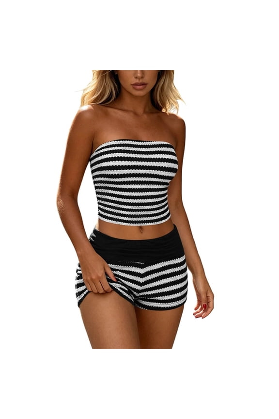 Womens Striped Knit Two Piece Outfit Strapless Bandeau Crop Top High Waist Ruched Shorts Stretchy Breathable Fabric Slim Fit Casual Beach Co-Ord Set