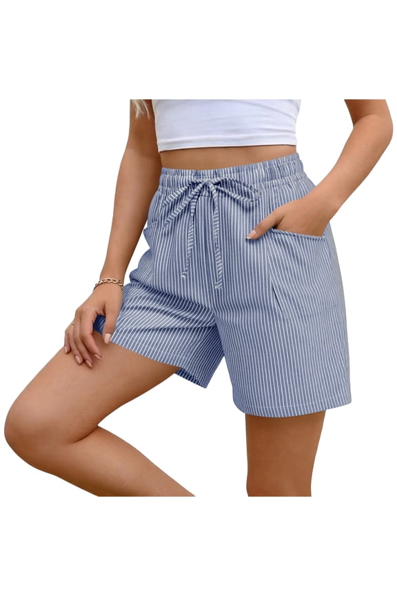 Womens Striped Linen Casual Shorts Fashion Daily Style Side Pockets Adjustable Drawstring Elastic Waist Relaxed Loose Fit Breathable Linen Blend Fabric Daily Leisure Short Bottoms