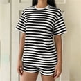 thumbnail image 1 of Costeam Womens Striped Outfit Set Short Sleeve Crew Neck Tee and Shorts Casual Textured Knit Loungewear Loose Fit Summer Matching Set, 1 of 6