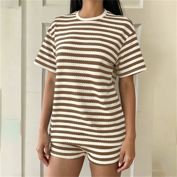 Costeam Womens Striped Outfit Set Short Sleeve Crew Neck Tee and Shorts Casual Textured Knit Loungewear Loose Fit Summer Matching Set