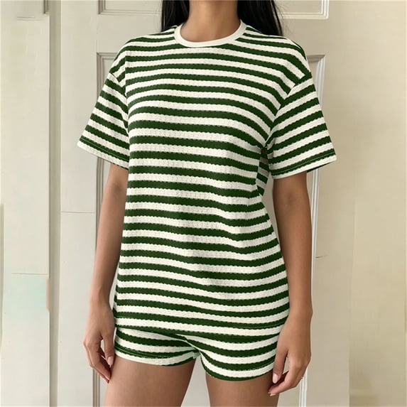 Costeam Womens Striped Outfit Set Short Sleeve Crew Neck Tee and Shorts Casual Textured Knit Loungewear Loose Fit Summer Matching Set