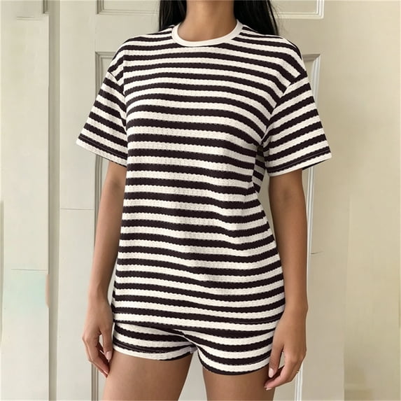 Costeam Womens Striped Outfit Set Short Sleeve Crew Neck Tee and Shorts Casual Textured Knit Loungewear Loose Fit Summer Matching Set