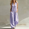 thumbnail image 1 of Costeam Womens Striped Sleeveless V Neck Button Front Jumpsuit Elastic Waist Loose Wide Leg Full Length with Side Pockets Soft Fabric Casual One Piece Pants, 1 of 7