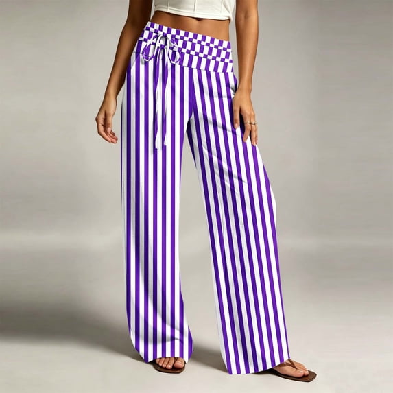 Costeam Womens Striped Wide Leg Pants Drawstring High Elastic Waist with Side Pockets Loose Fit Straight Leg Lightweight Soft Breathable Casual Long Trousers Comfy Relaxed Fit Bottoms